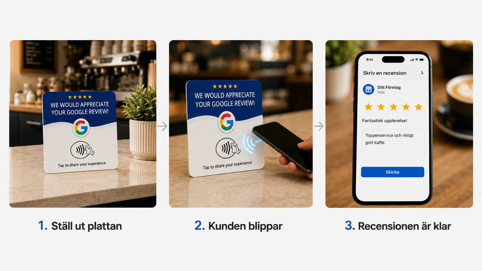 Ställ ut plattan, kunden blippar, recensionen är klar